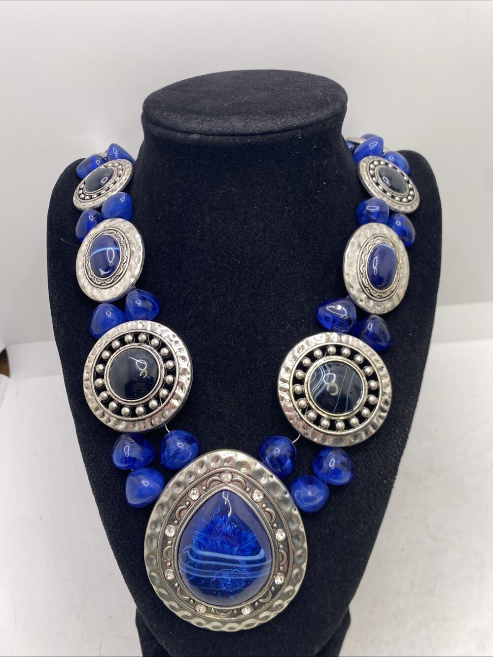 Womens Metallic Blue Bead Fashion Statement Necklace